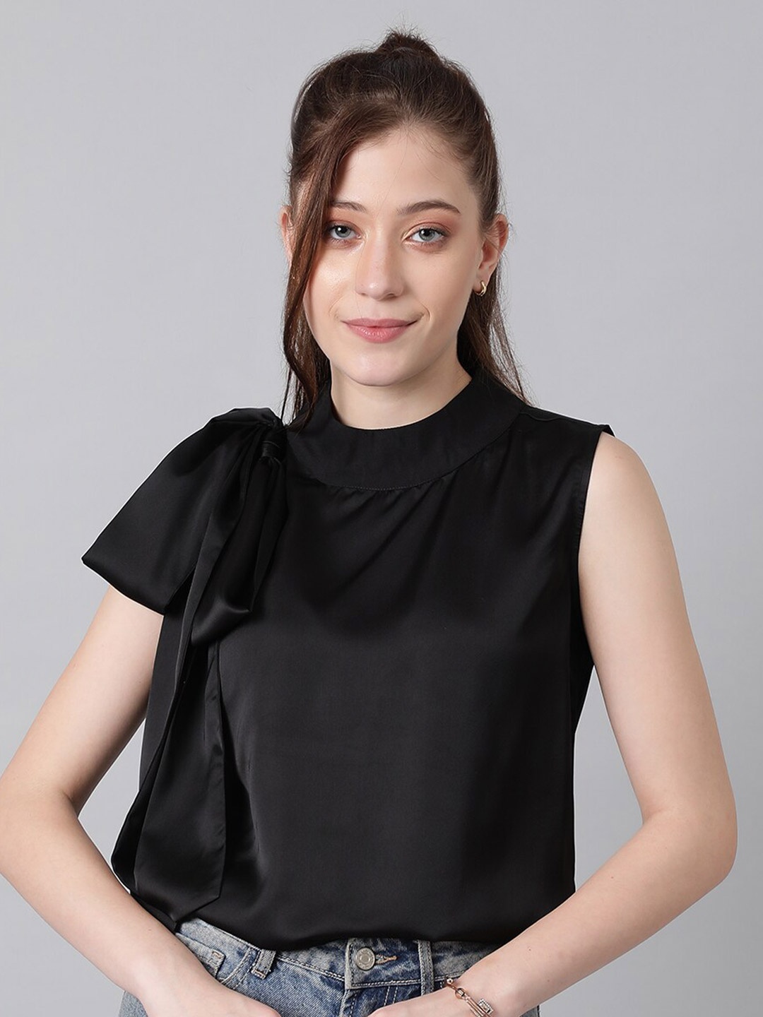 

Kotty Black High Neck Sleeveless Tie-Ups Satin Top