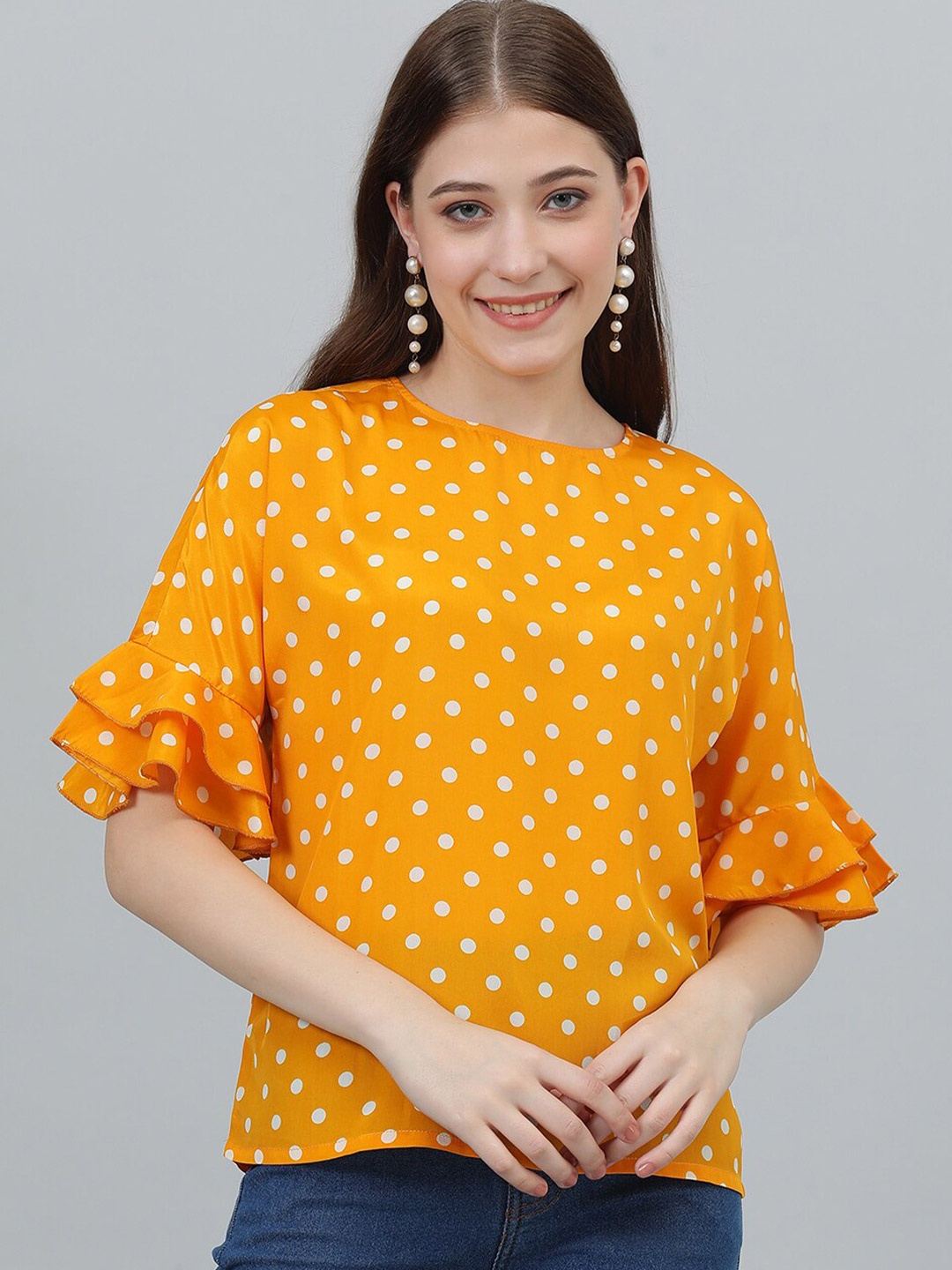 

Kotty Yellow Polka Dot Print Flared Sleeve Satin Top