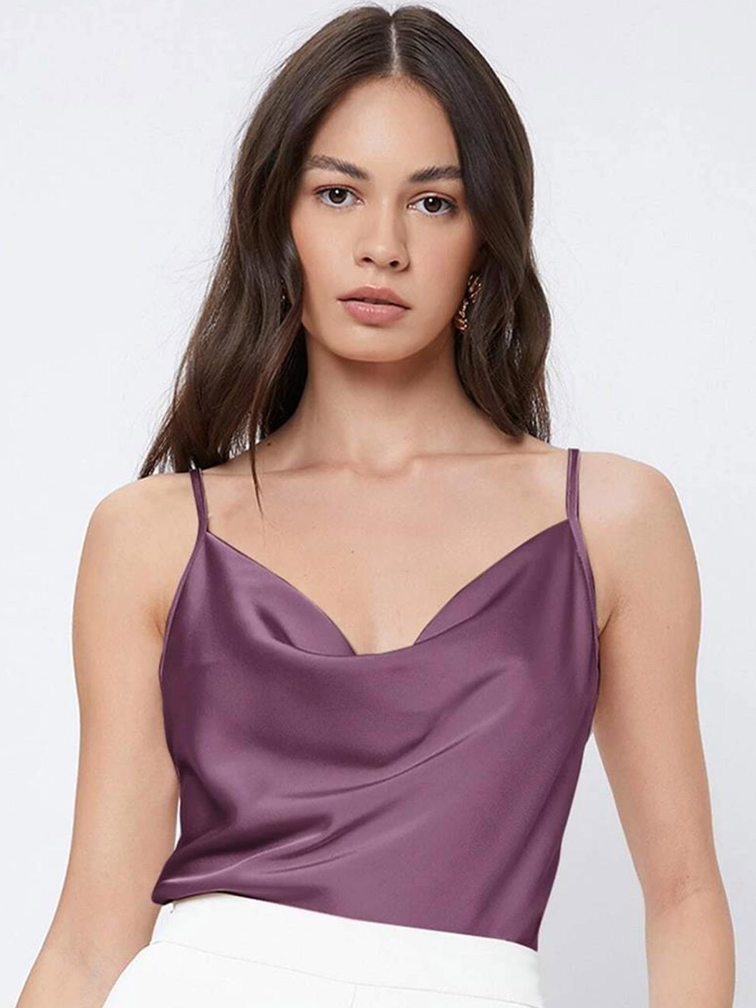

Kotty Purple Cowl Neck Shoulder Straps Satin Top
