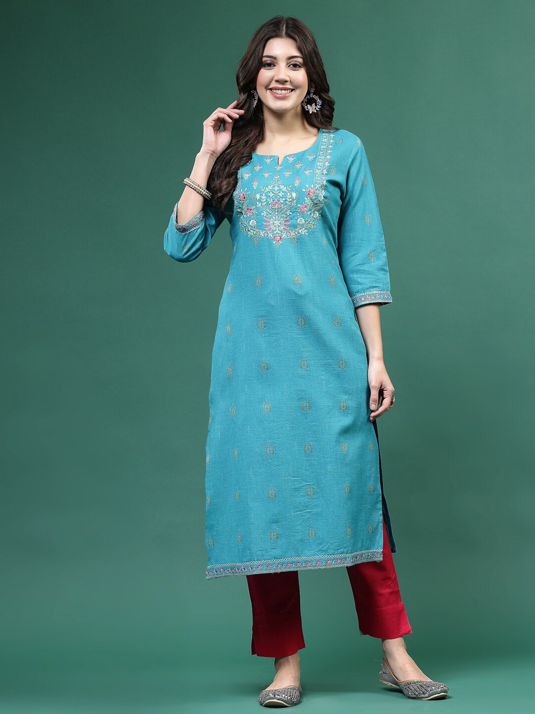 

Sangria Embroidered Straight Kurtas, Turquoise blue