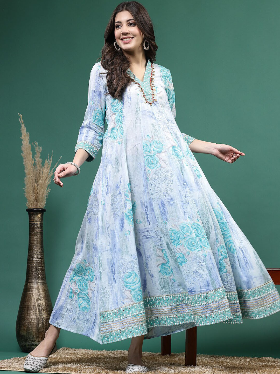 

Sangria Floral Printed V-Neck Mirror Work Cotton Fit & Flare Maxi Ethnic Dress, Turquoise blue