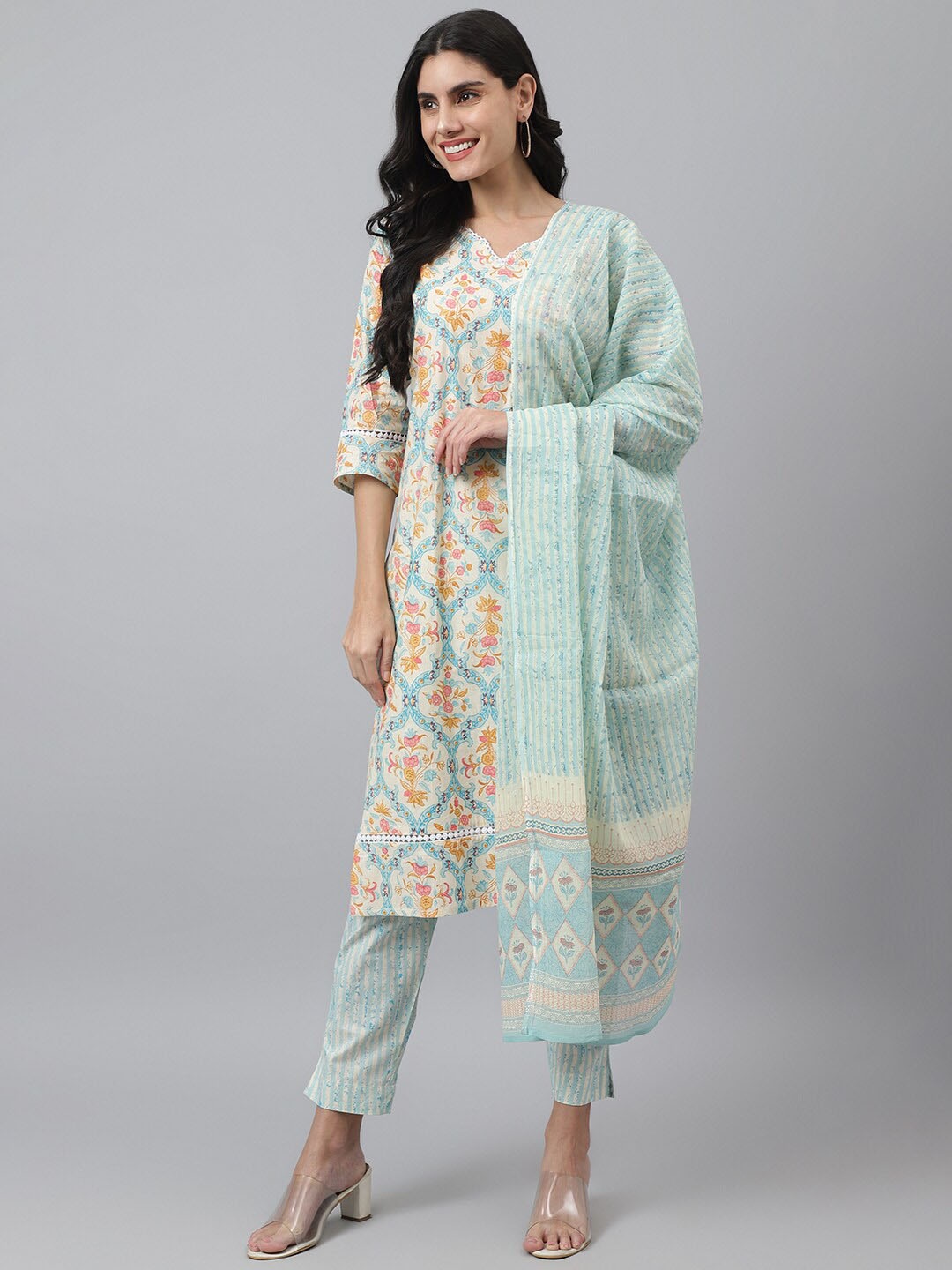 

Aaysa Kurti Ethnic Motifs Printed Regular Pure Cotton Kurta With Trousers & Dupatta, Blue