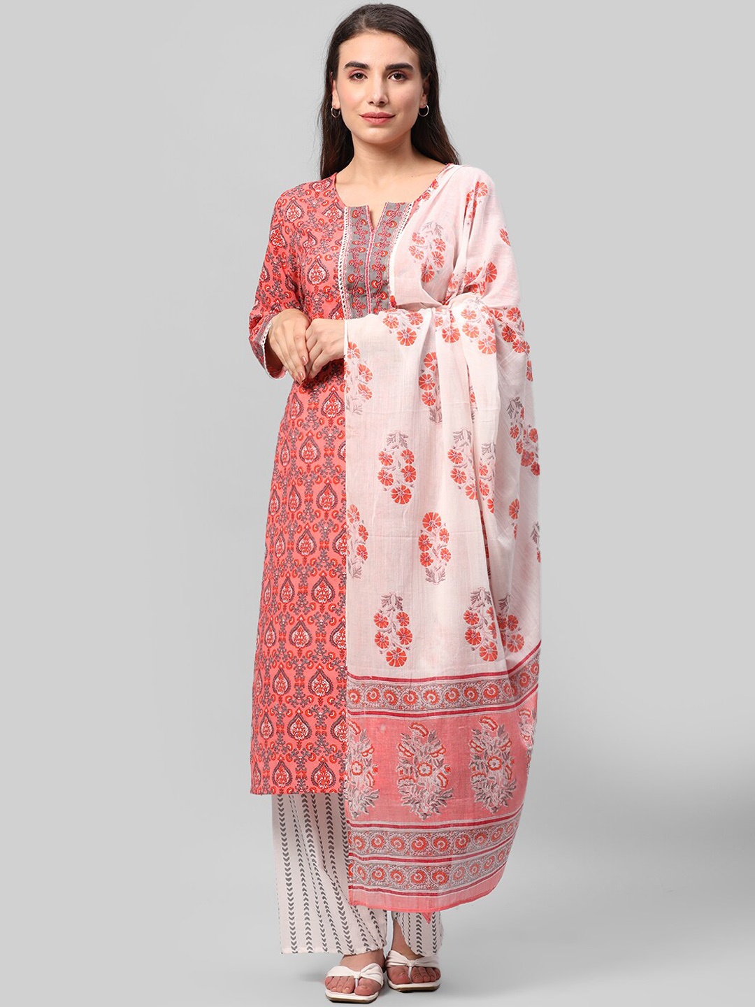 

Aaysa Kurti Ethnic Motifs Printed Regular Pure Cotton Kurta with Palazzos & Dupatta, Coral