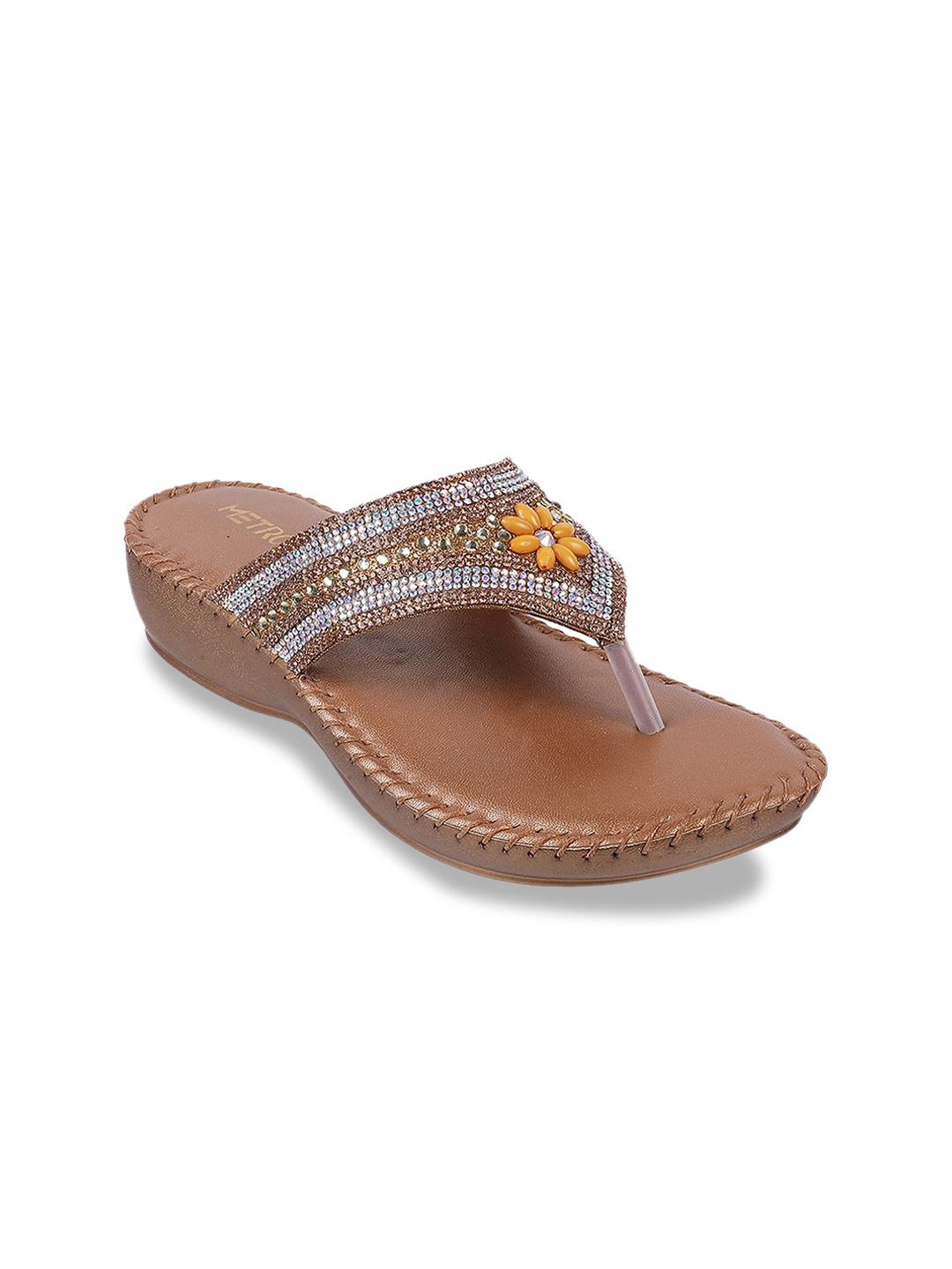 

Metro Embellished Open Toe T-Strap Flats, Gold