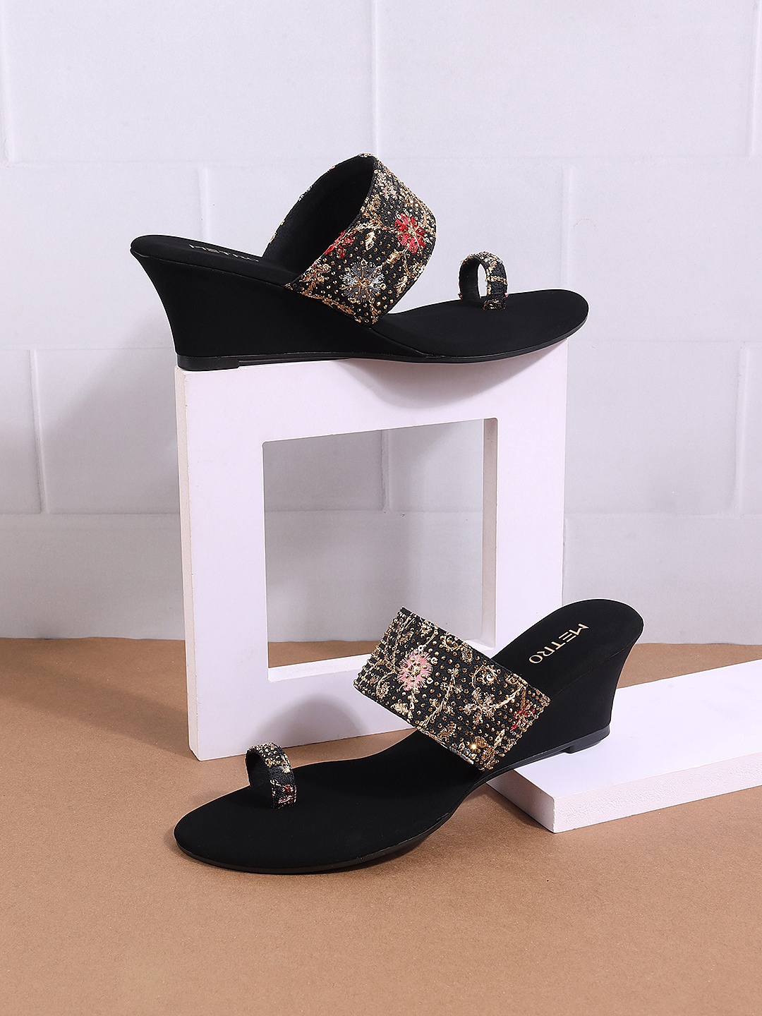 

Metro Embellished Open Toe Wedge Heels, Black