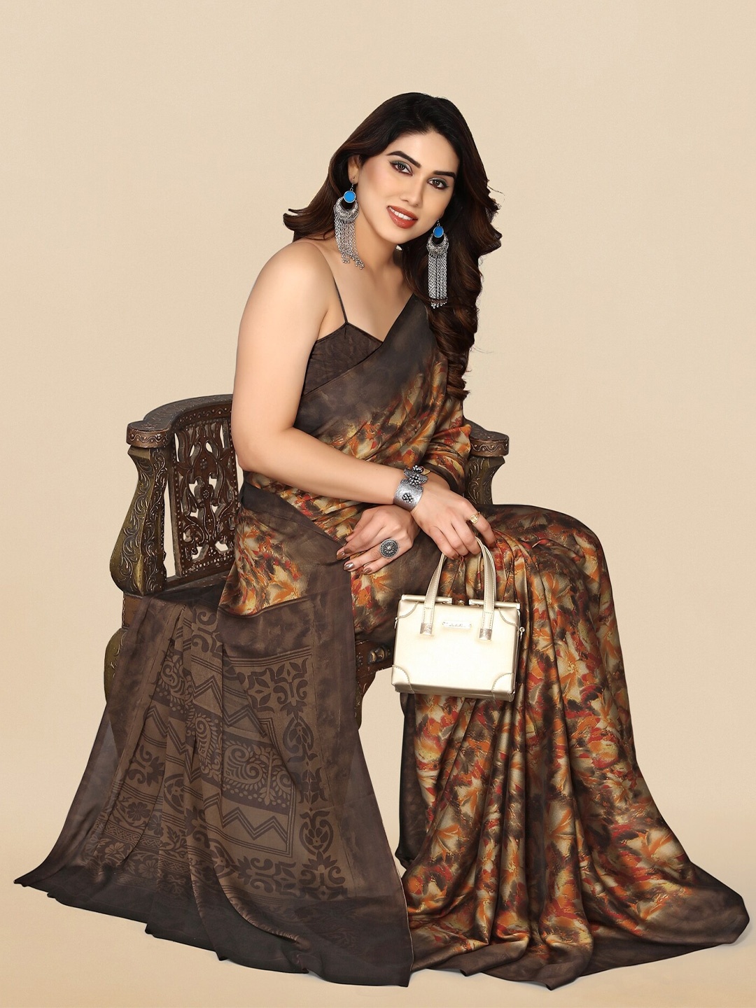 

KALINI Floral Printed Chiffon Saree, Beige