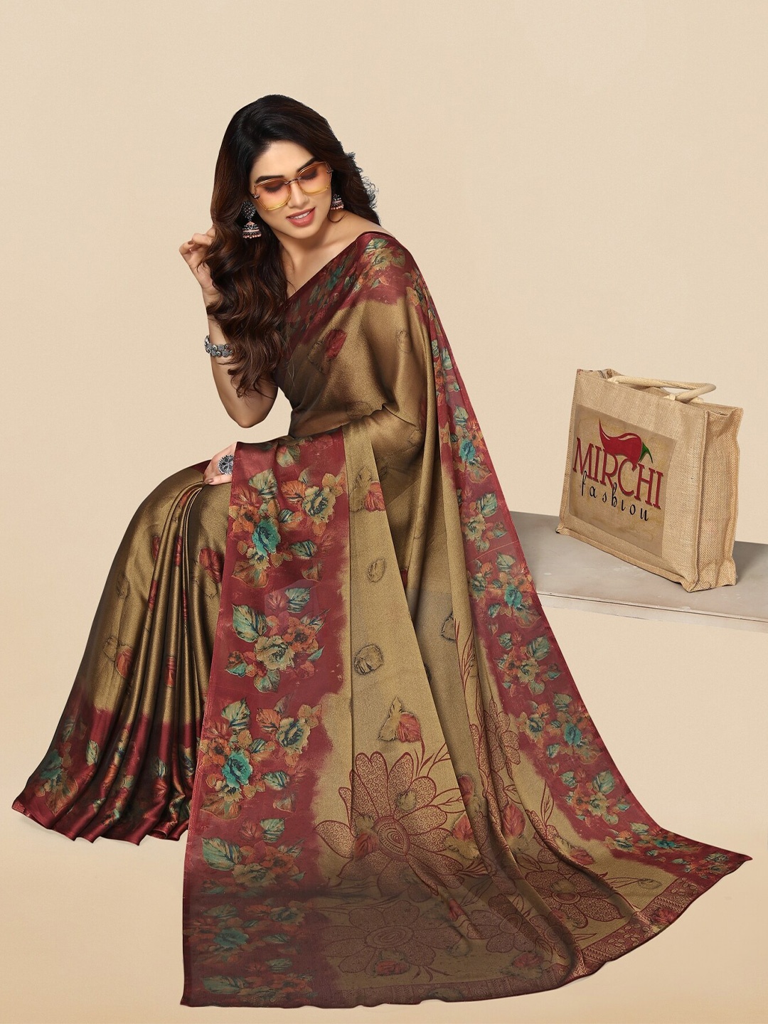 

KALINI Floral Printed Saree, Beige