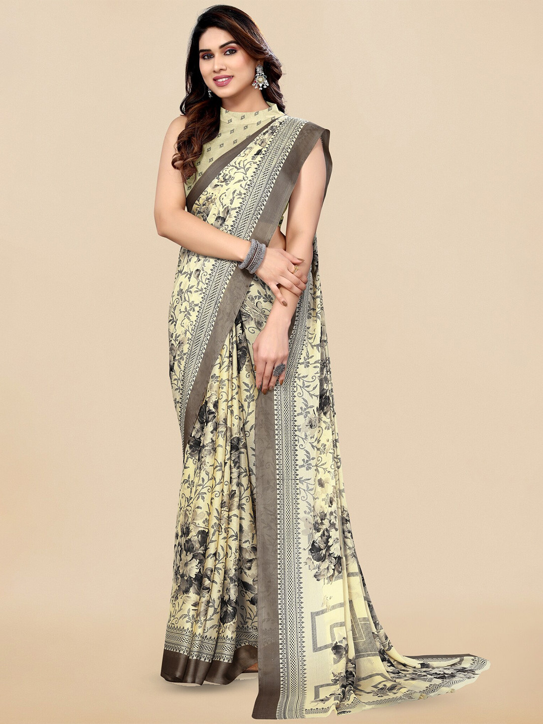 

KALINI Floral Printed Saree, Cream
