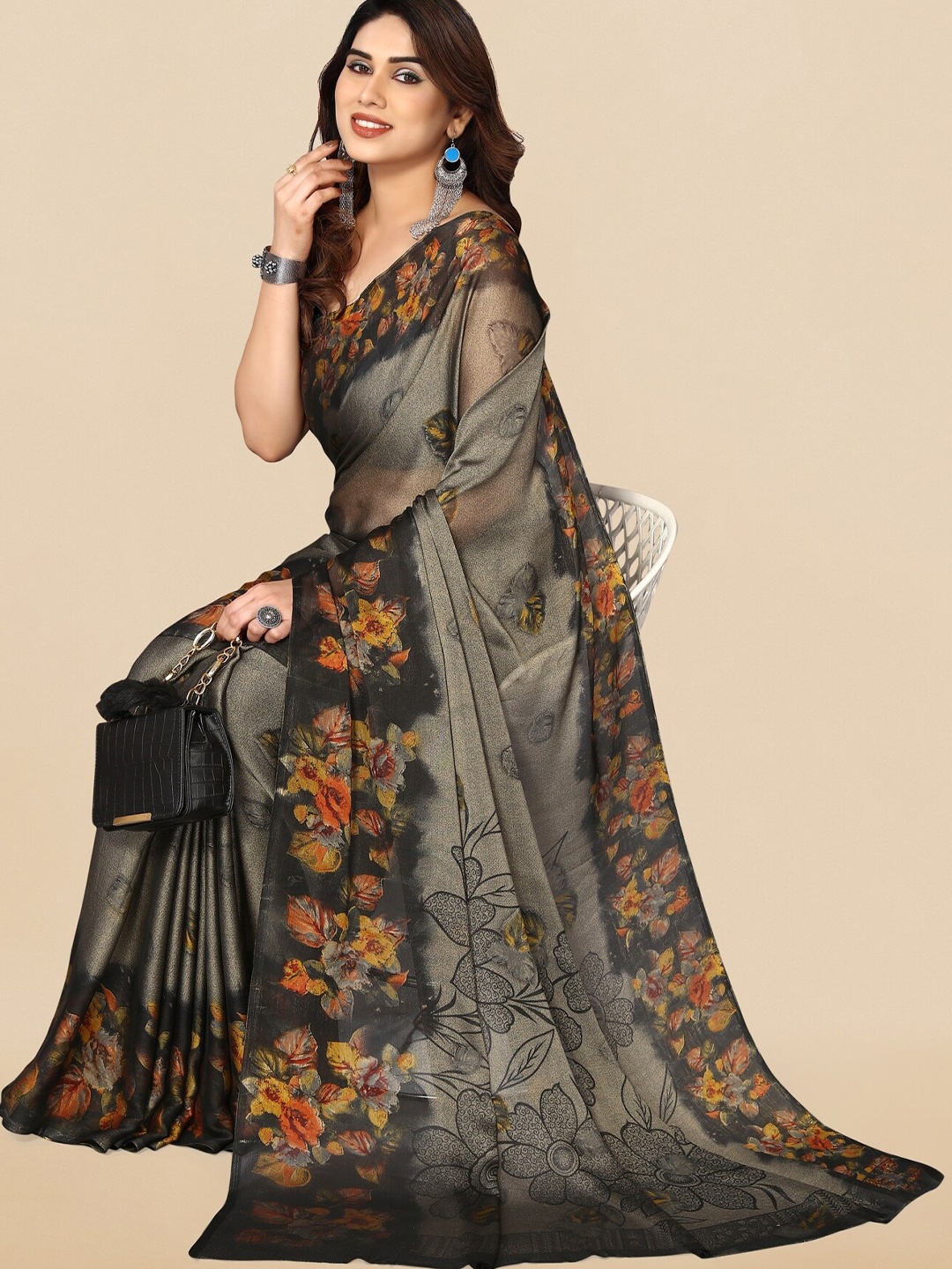 

KALINI Floral Poly Chiffon Saree, Grey