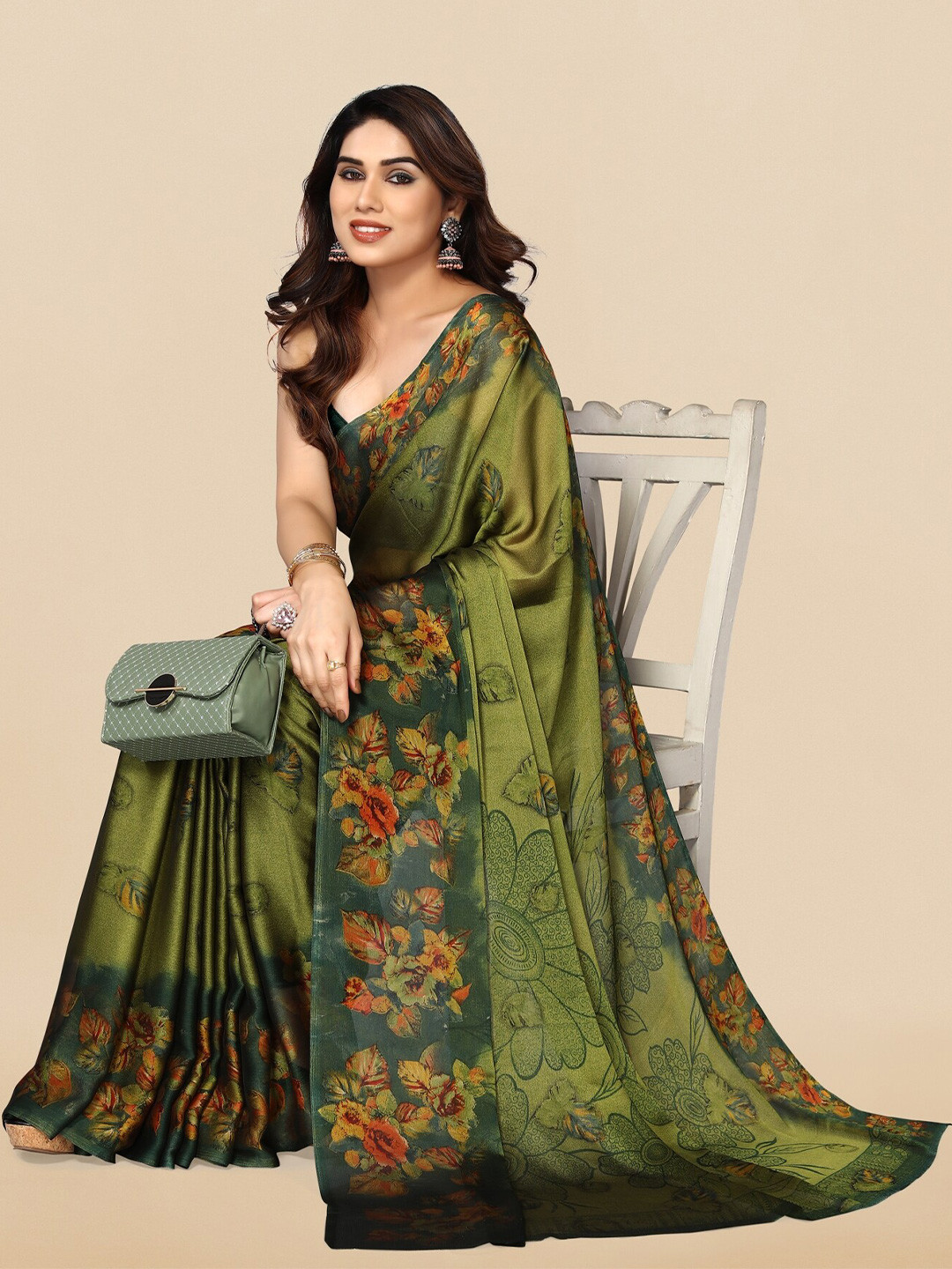 

KALINI Dark Green Floral Printed Chiffon Saree