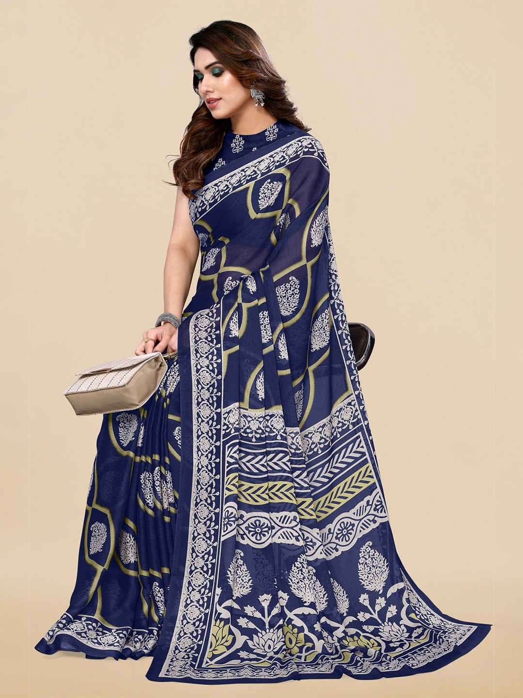 

KALINI Ethnic Motifs Poly Chiffon Block Print Saree, Blue