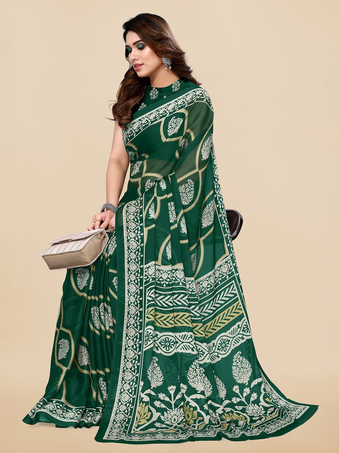 

KALINI Ethnic Motifs Printed Saree, Green