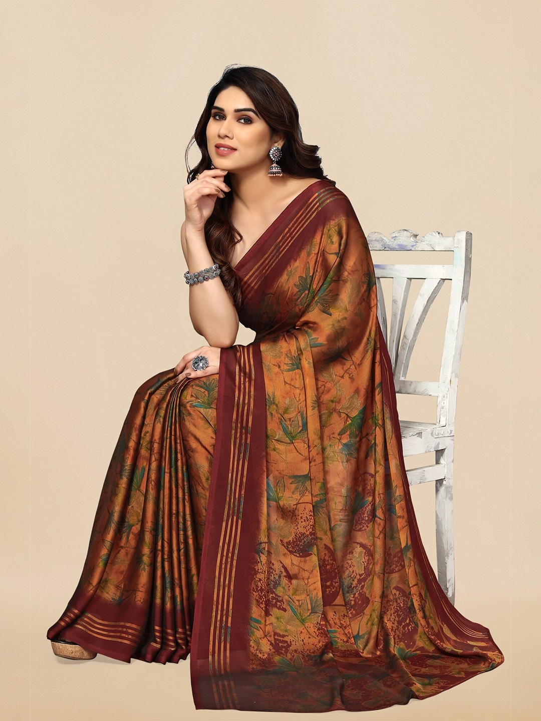 

KALINI Floral Printed Saree, Rust