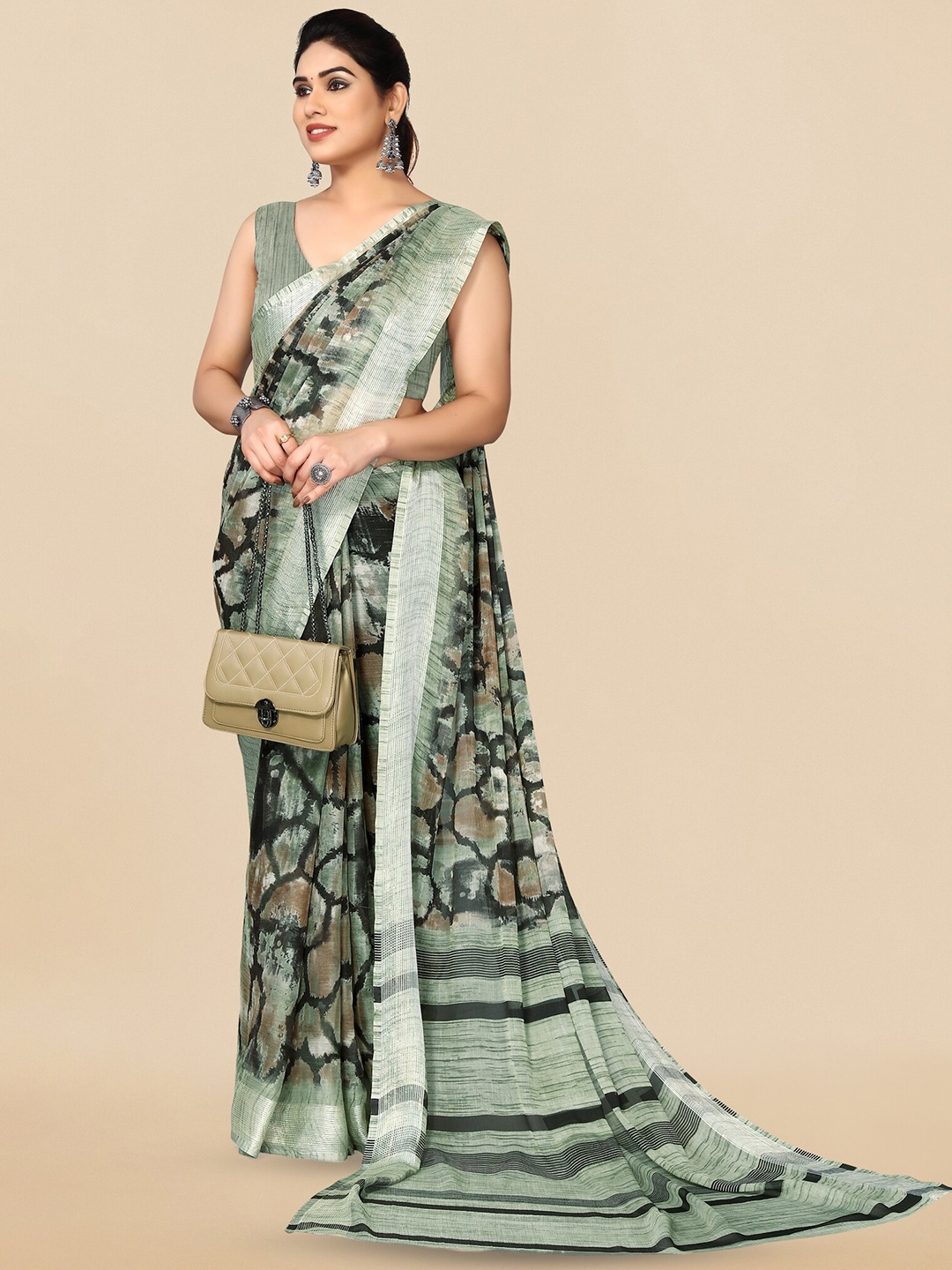 

KALINI Abstract Printed Zari Saree, Green