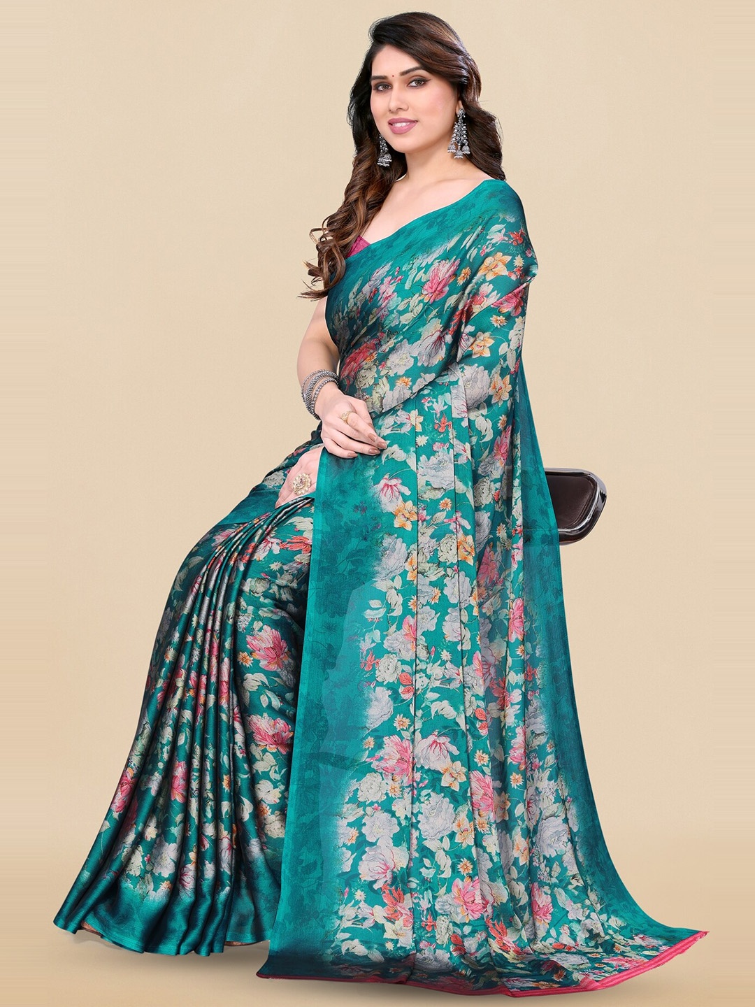 

KALINI Floral Printed Saree, Teal