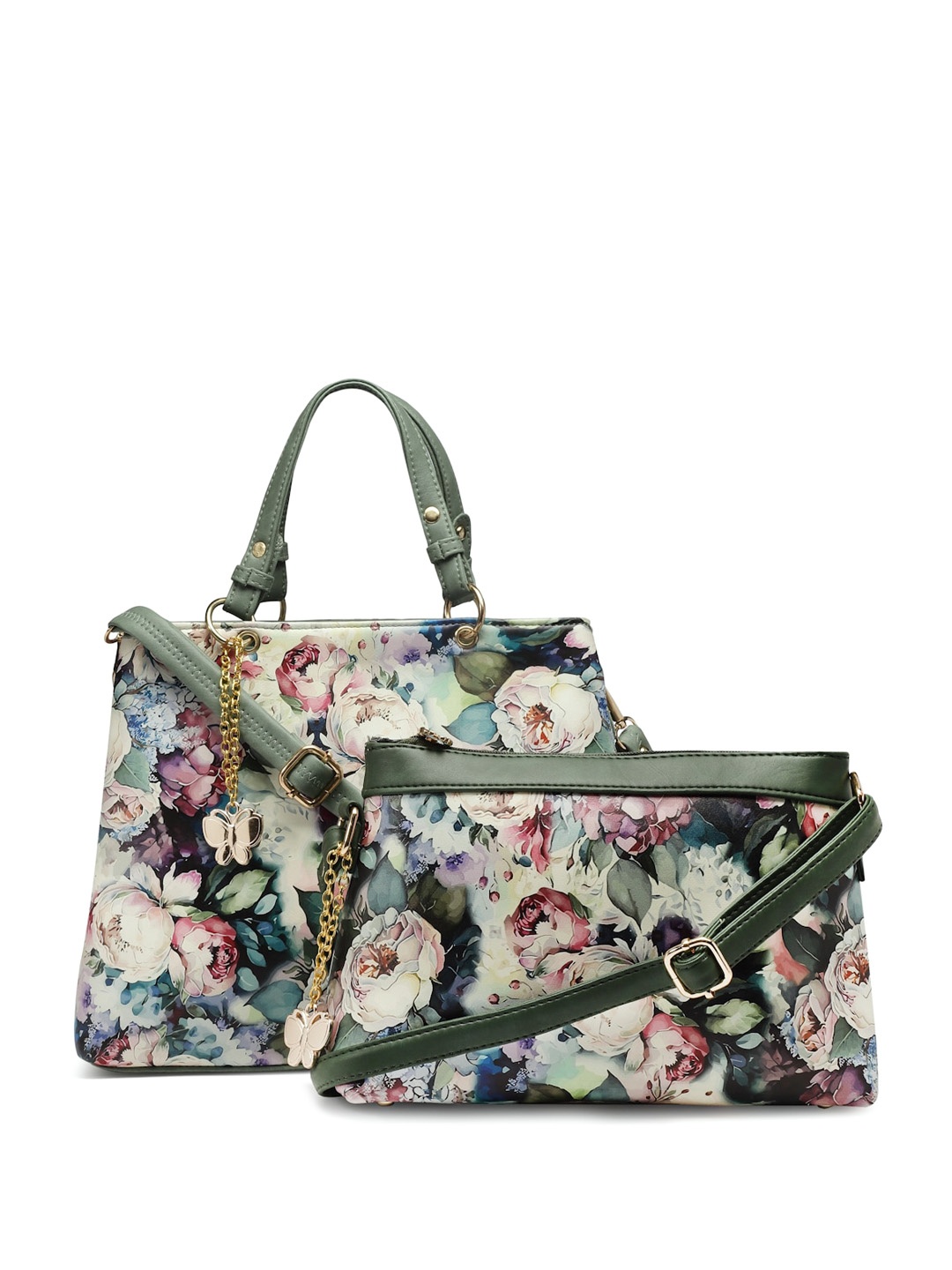 

Butterflies Floral Printed PU Handheld Bag, Green