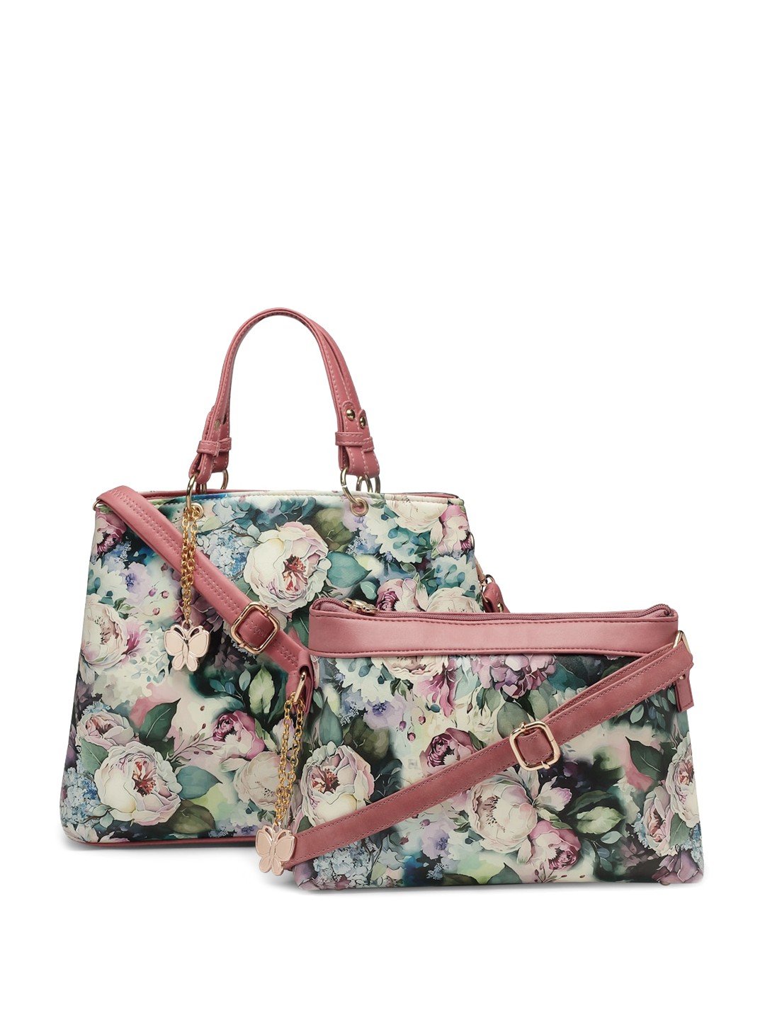 

Butterflies Multicoloured Floral Printed PU Handheld Bag, Multi