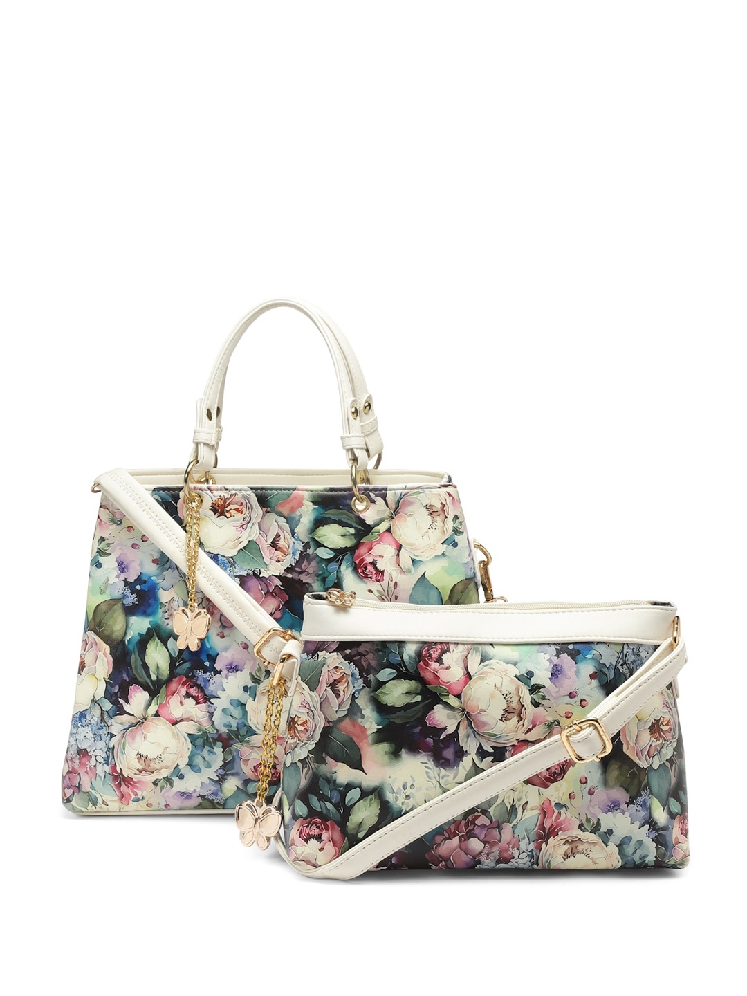 

Butterflies Set Of 2 Floral Printed Structured Handheld Bag, Beige