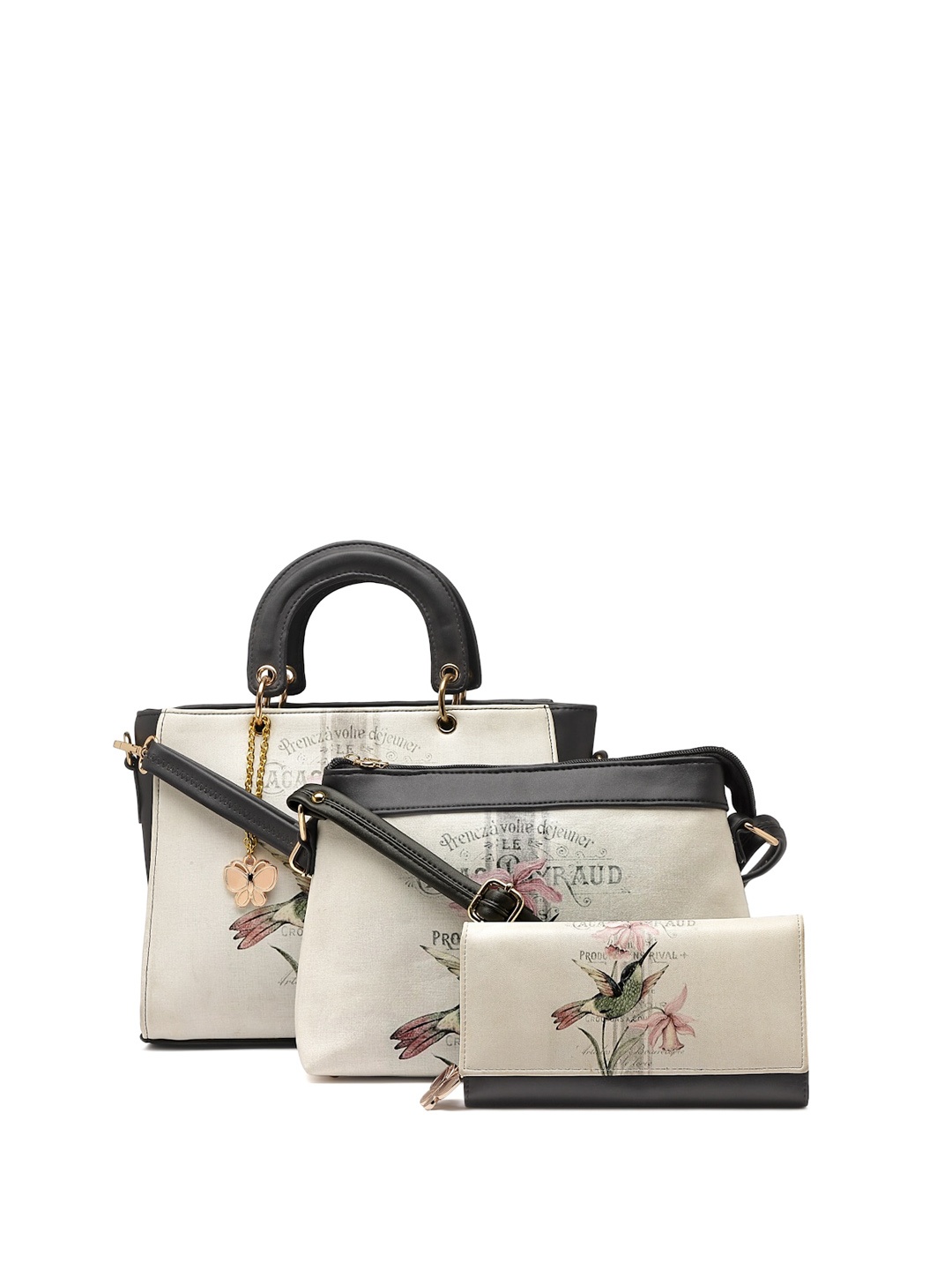 

Butterflies Set Of 3 Floral Printed Structured Handheld Bag With Sling Bag & Wallet, Beige
