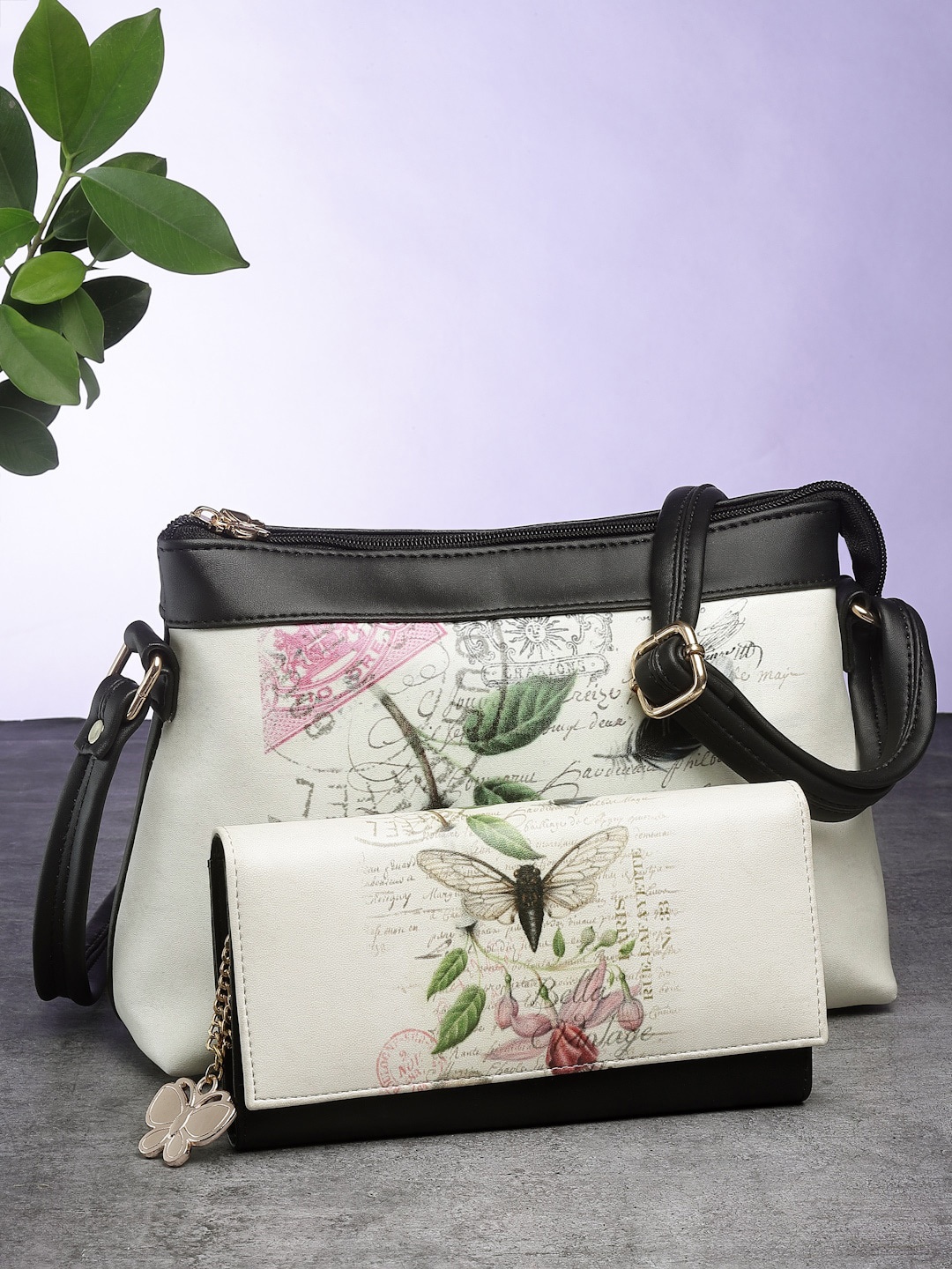 

Butterflies Floral Printed Structured Sling Bag With Wallet, Beige