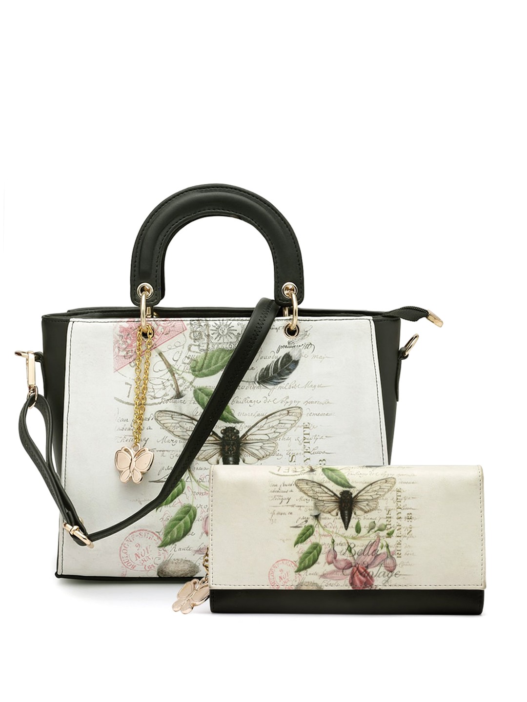 

Butterflies Floral Printed Tasselled Handheld Bag With Wallet, White