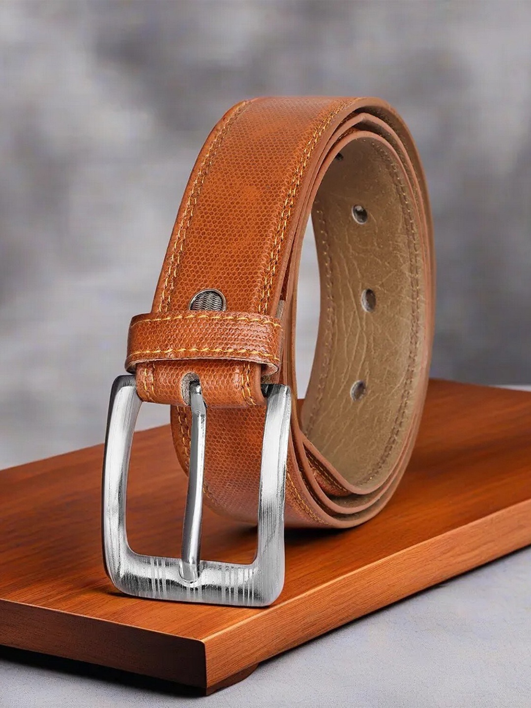LOREM Men Textured Formal Belt, Orange