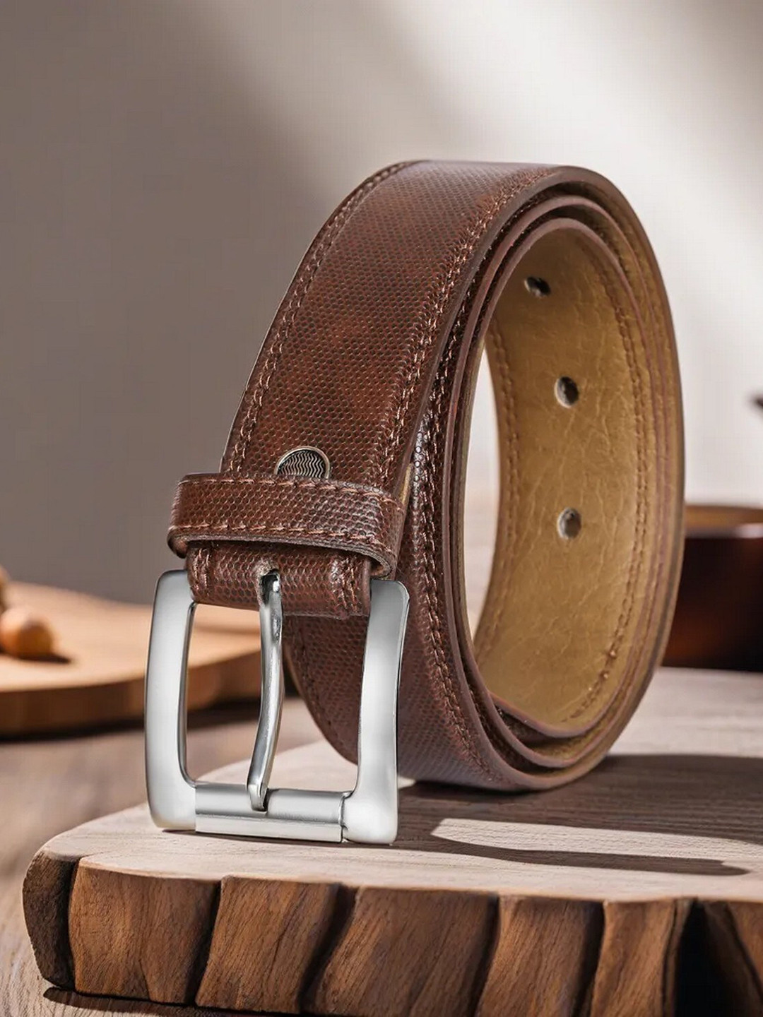 

LOREM Men Textured Formal Belt, Brown