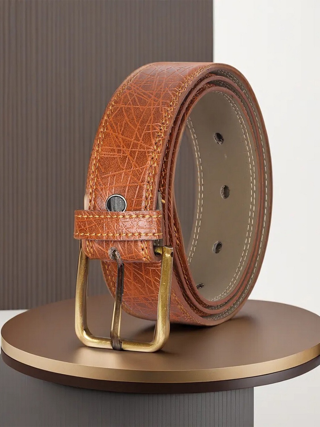 

LOREM Men Textured Formal Belt, Orange