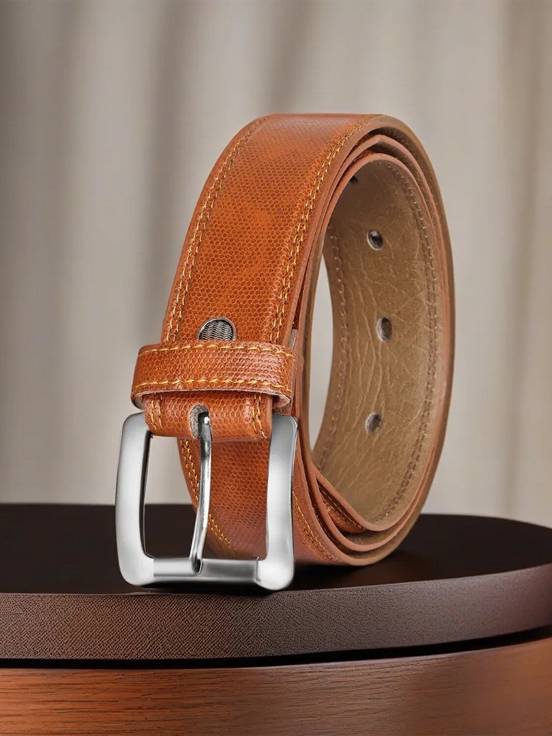 LOREM Men Textured Formal Belt, Orange