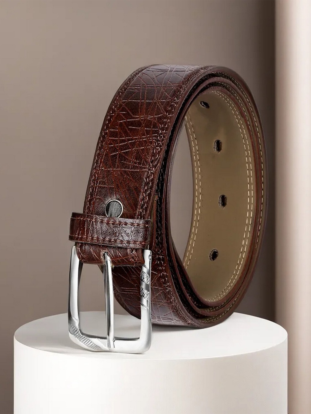LOREM Men Textured Formal Belt, Brown