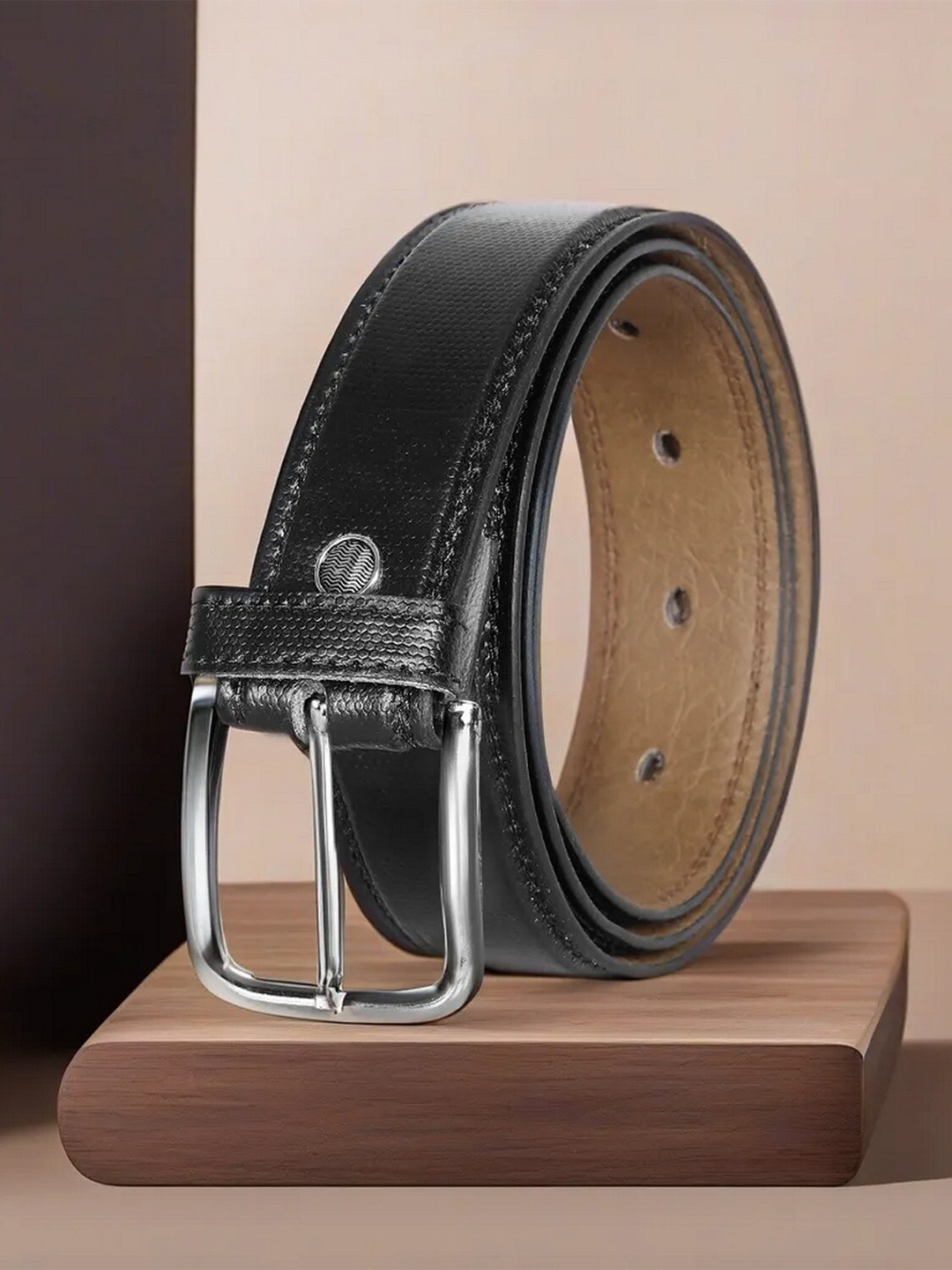 LOREM Men Textured Formal Belt, Black