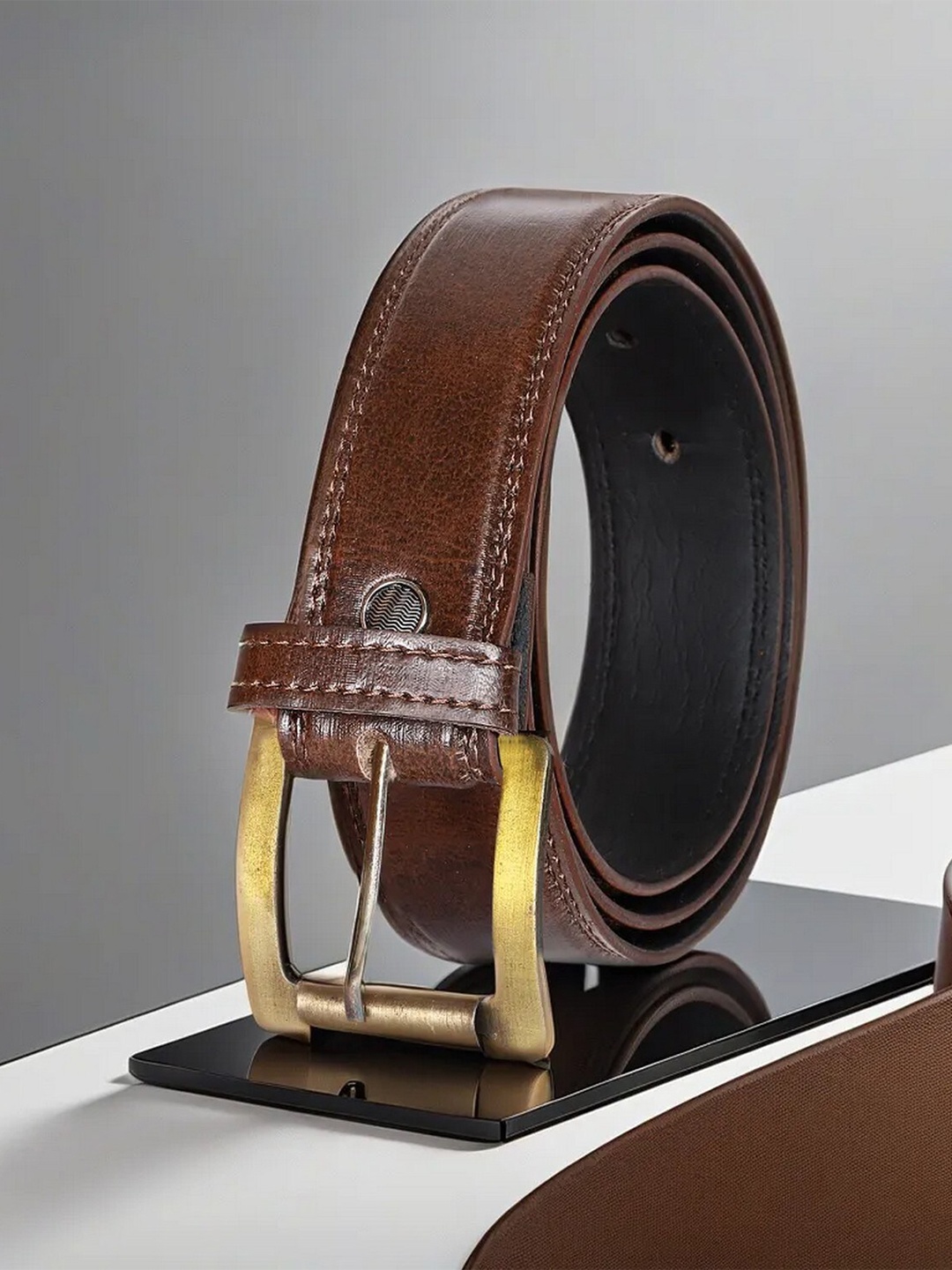 

LOREM Men Textured Formal Belt, Brown