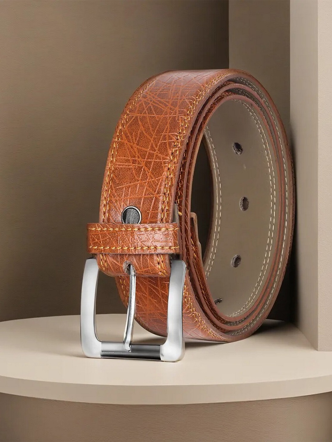 LOREM Men Textured Formal Belt, Orange