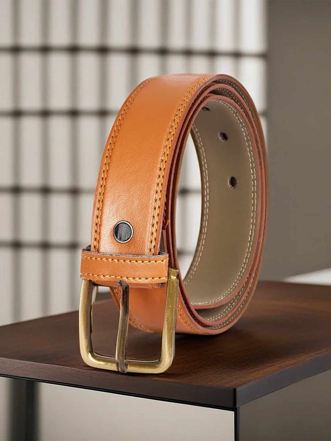 LOREM Men Textured Formal Belt, Orange