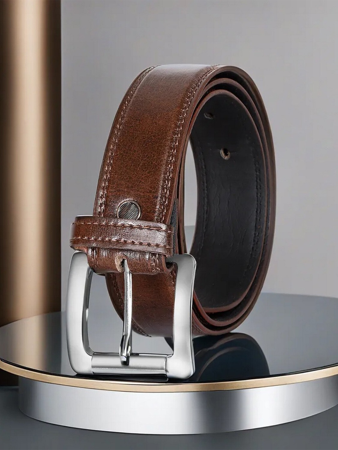 LOREM Men Textured Formal Belt, Brown