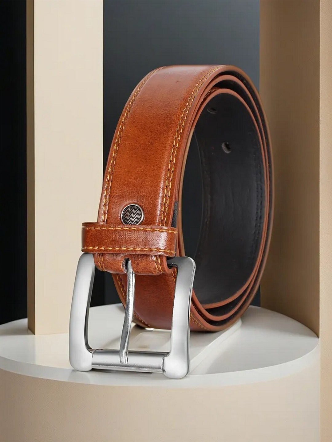

LOREM Men Textured Formal Belt, Orange
