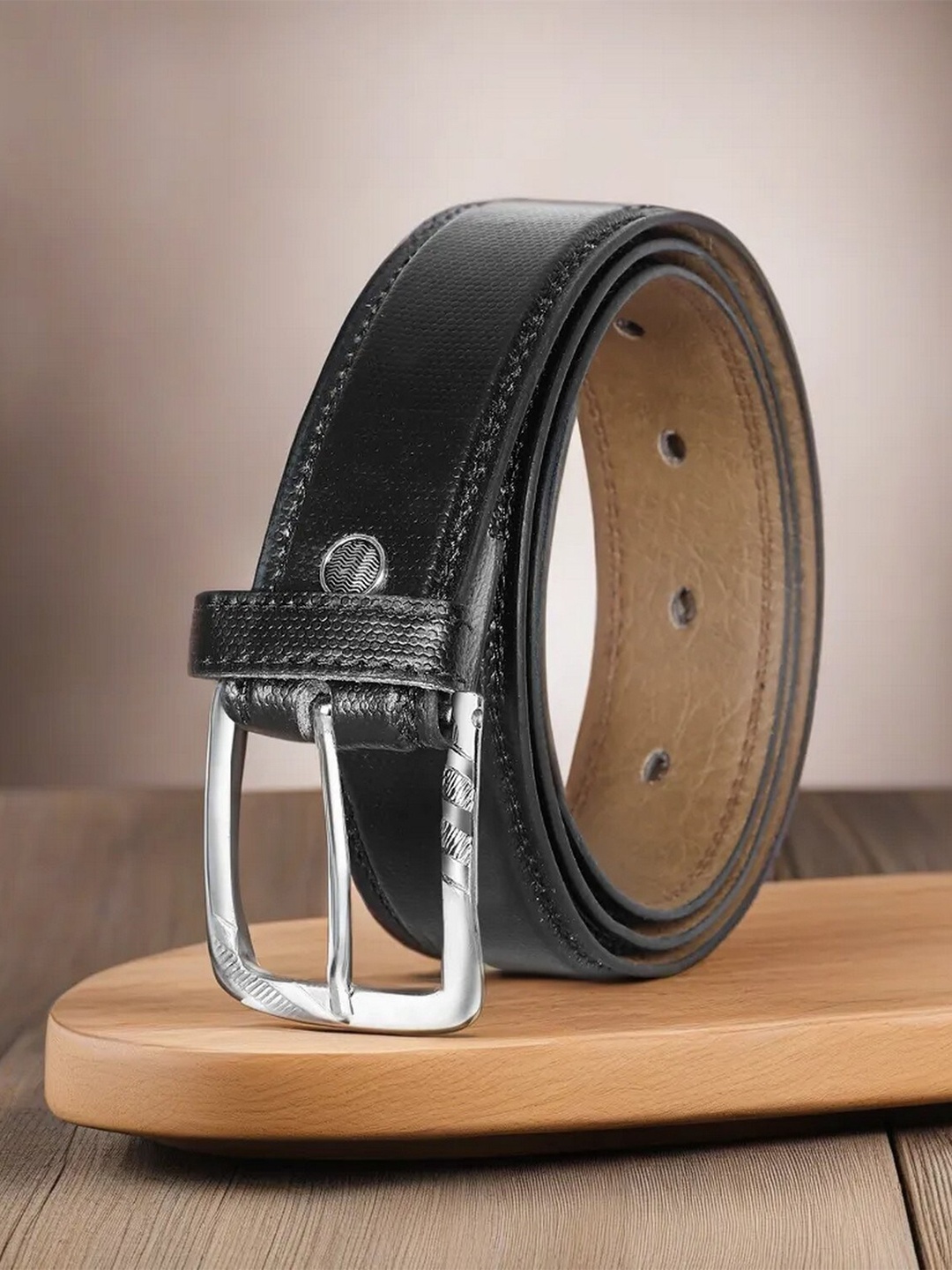 LOREM Men Textured Formal Belt, Black