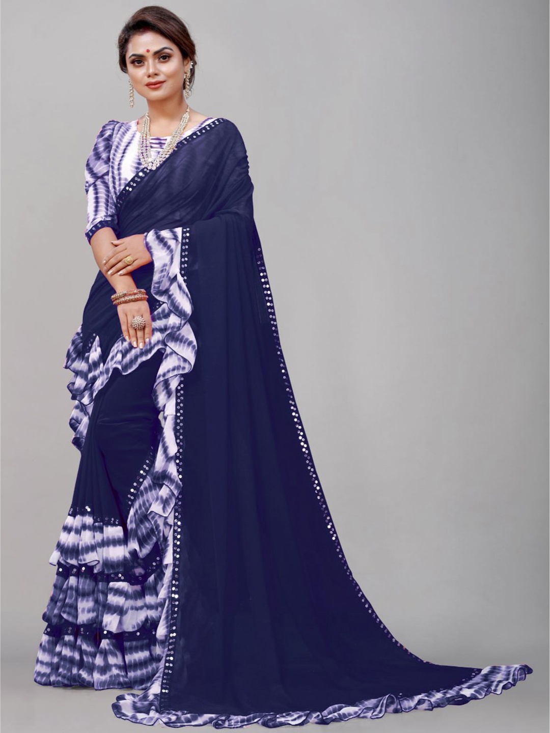 

SM TRENDZ Bollywood Shibori Ruffle Georgette Saree, Navy blue