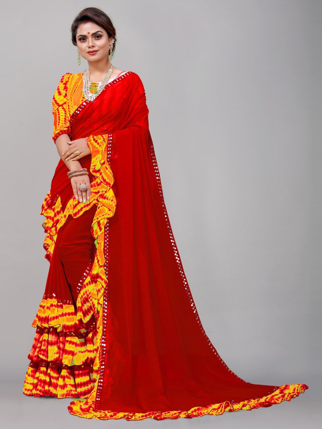 

SM TRENDZ Bollywood Shibori Ruffle Georgette Saree, Orange