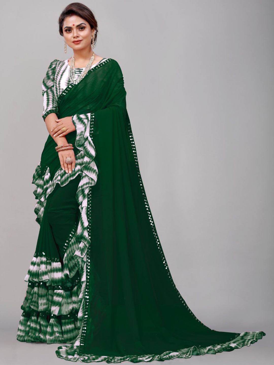 

SM TRENDZ Bollywood Shibori Ruffle Georgette Saree, Green