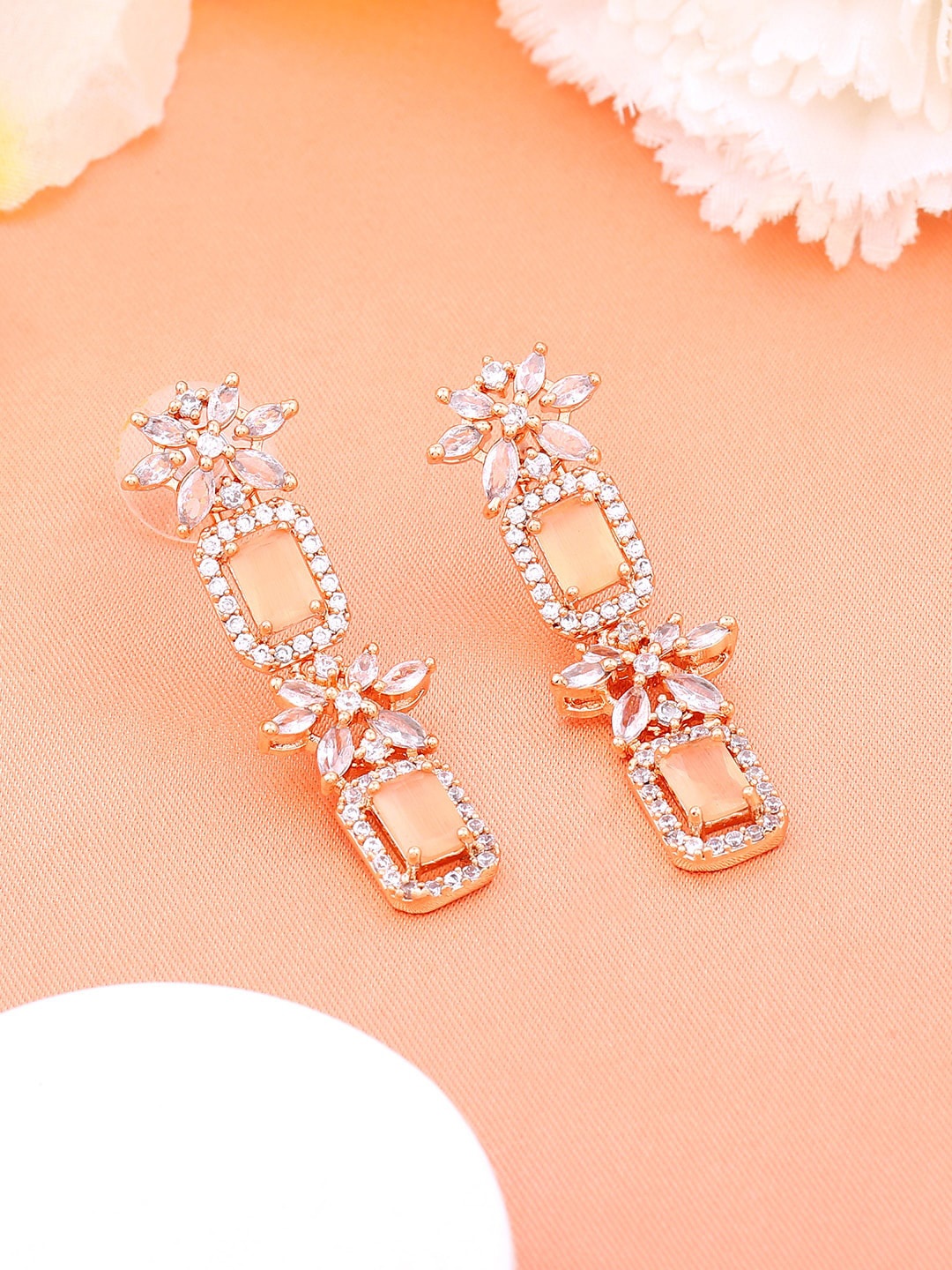 

Estele Rose Gold-Plated CZ-Studded Geometric Drop Earrings