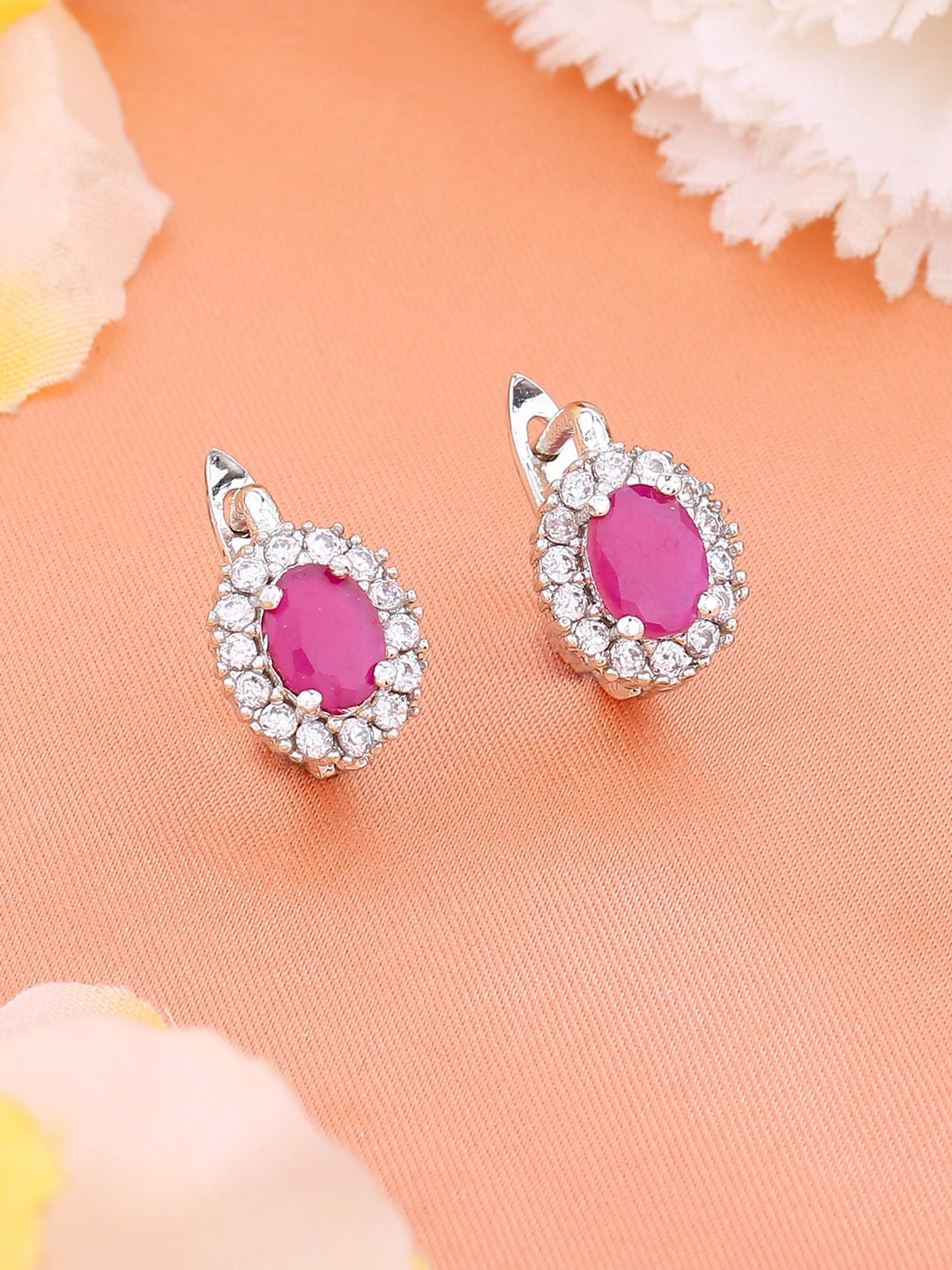 

Estele Rhodium-Plated Oval Studs Earrings, Pink