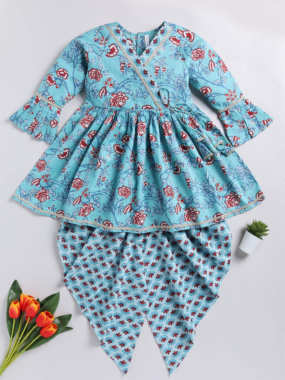 

Toonyport Girls Floral Printed V-Neck Pure Cotton Tunic with Dhoti Pants, Blue