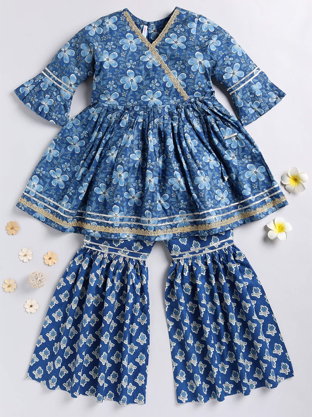 

Toonyport Kids-Girls Floral Printed Angrakha Pure Cotton Kurta With Sharara, Blue