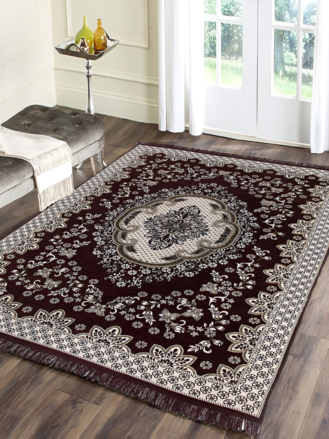 

Sparrow world Brown & White Ethnic Printed Chennille Carpet