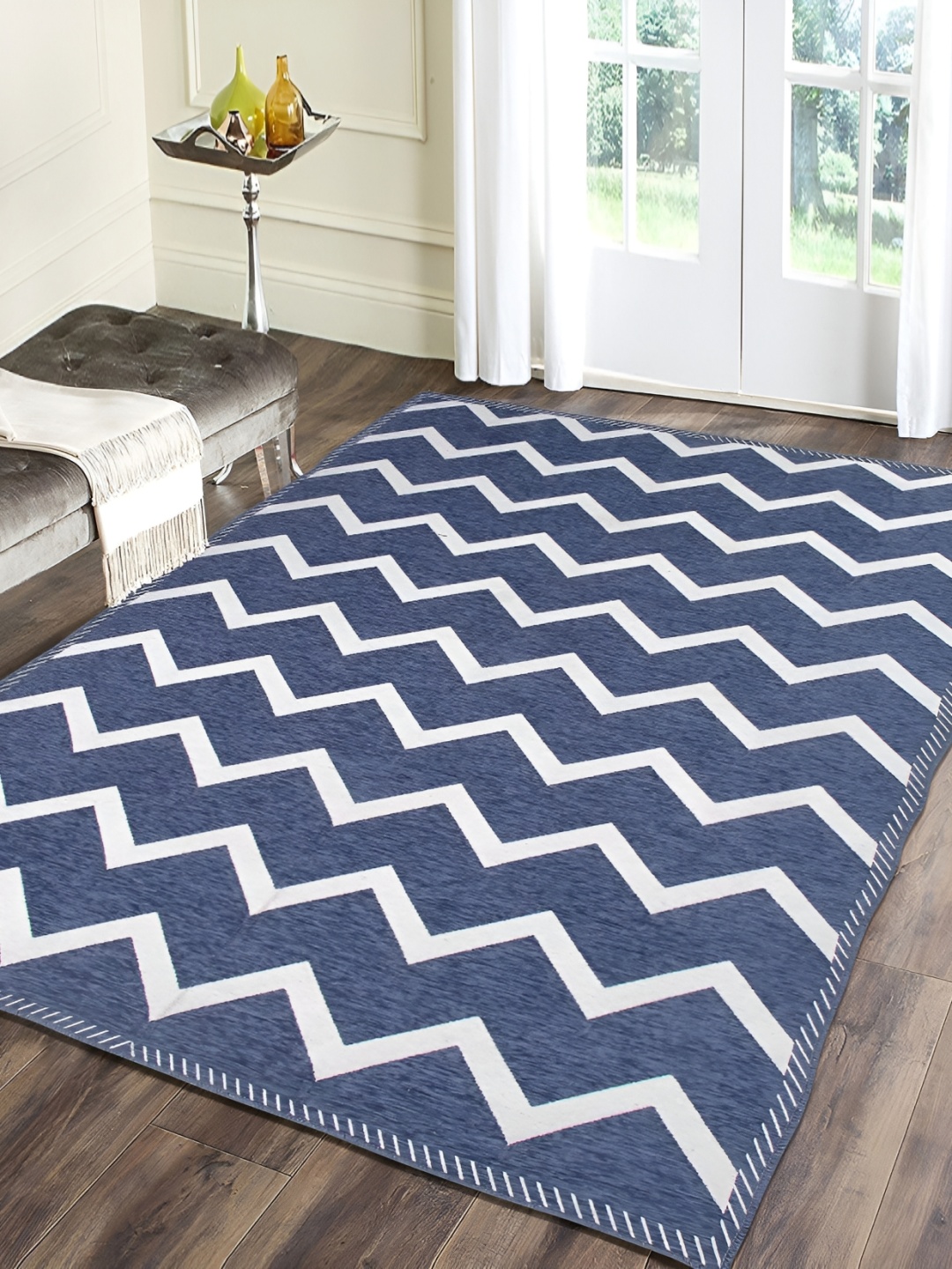 

Sparrow world Grey & Blue Printed Chennille Carpet