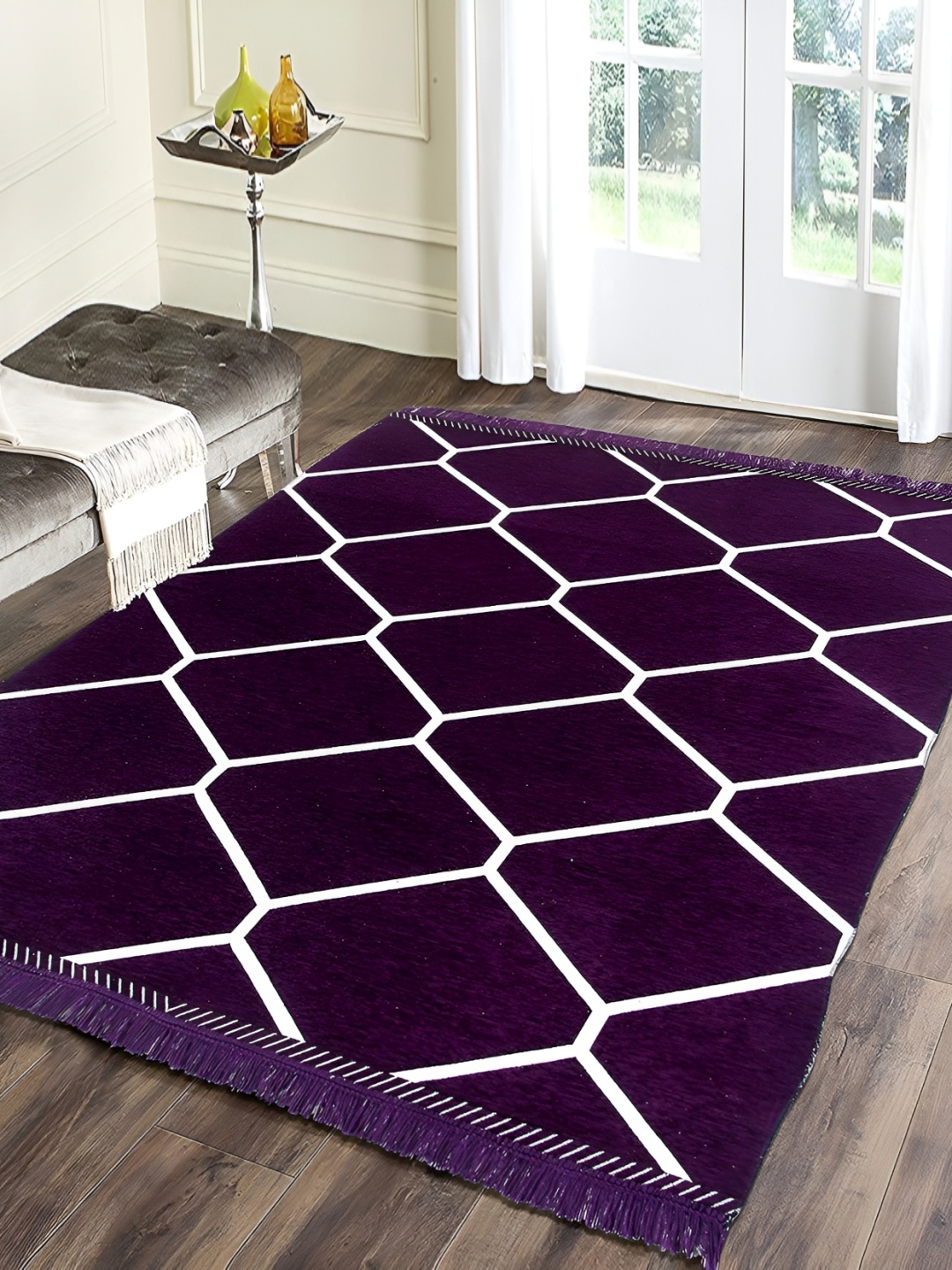 

Sparrow world Blue & White Printed Chennille Carpet, Purple