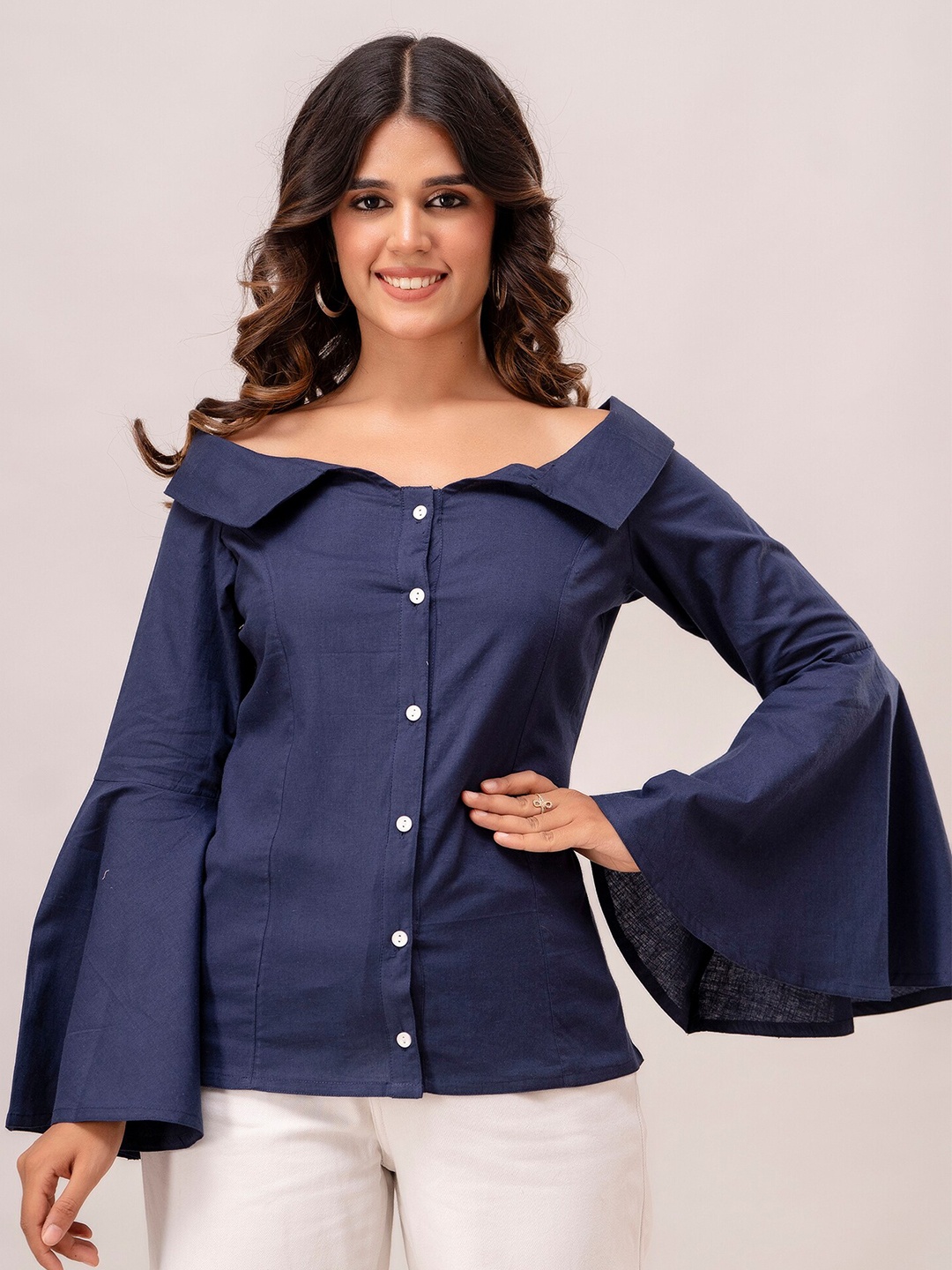 

SHOOLIN Off-Shoulder Bell Sleeves Cotton Shirt Style Top, Blue