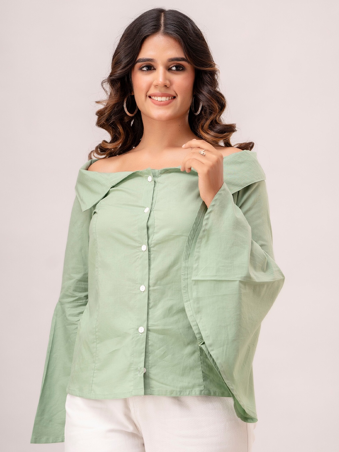 

SHOOLIN Off-Shoulder Bell Sleeves Cotton Shirt Style Top, Green