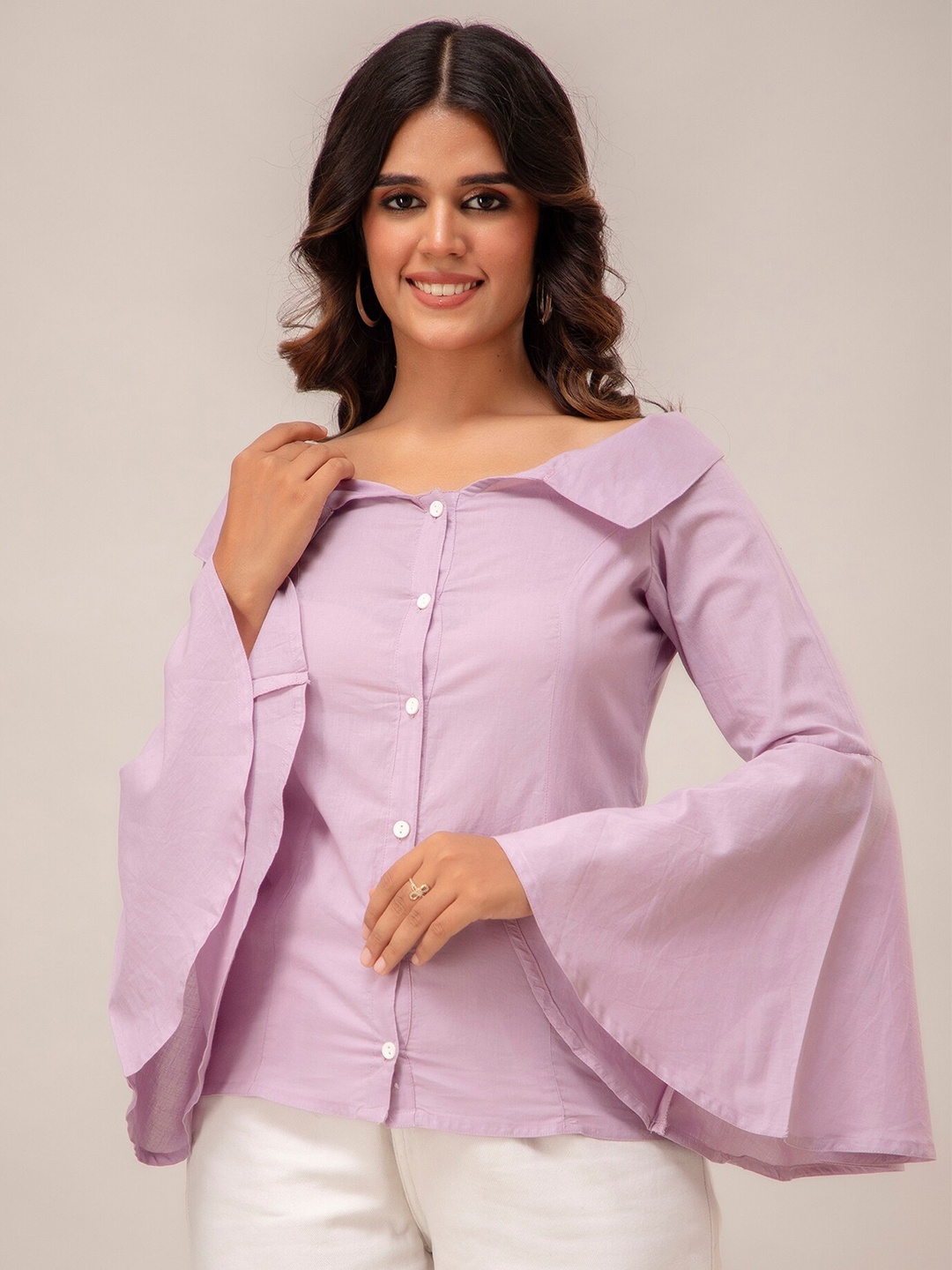 

SHOOLIN Off-Shoulder Bell Sleeves Cotton Shirt Style Top, Purple